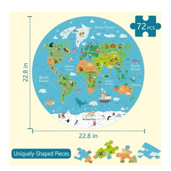 Other - World Map Kids Puzzle - Blue & Green Educational Jigsaw